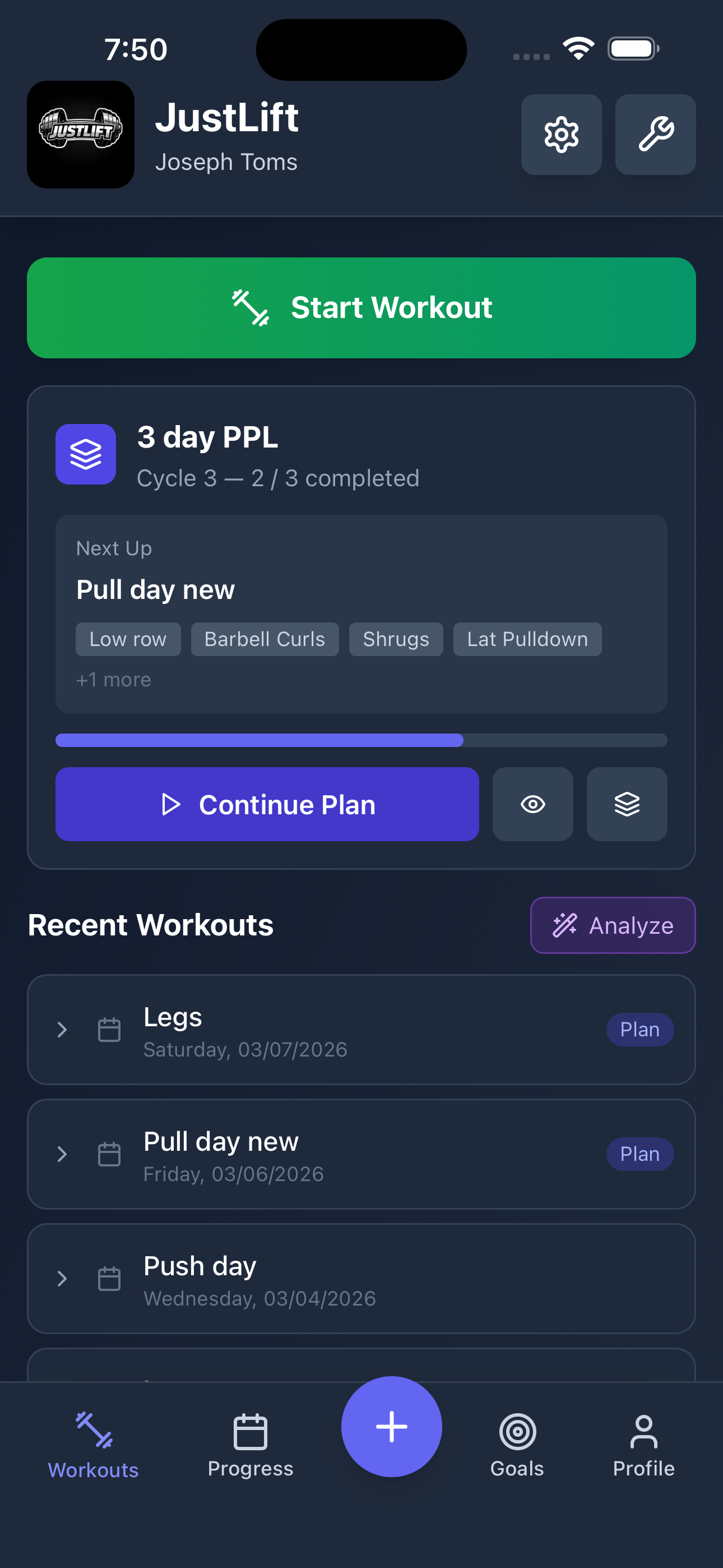 JustLift Home Screen
